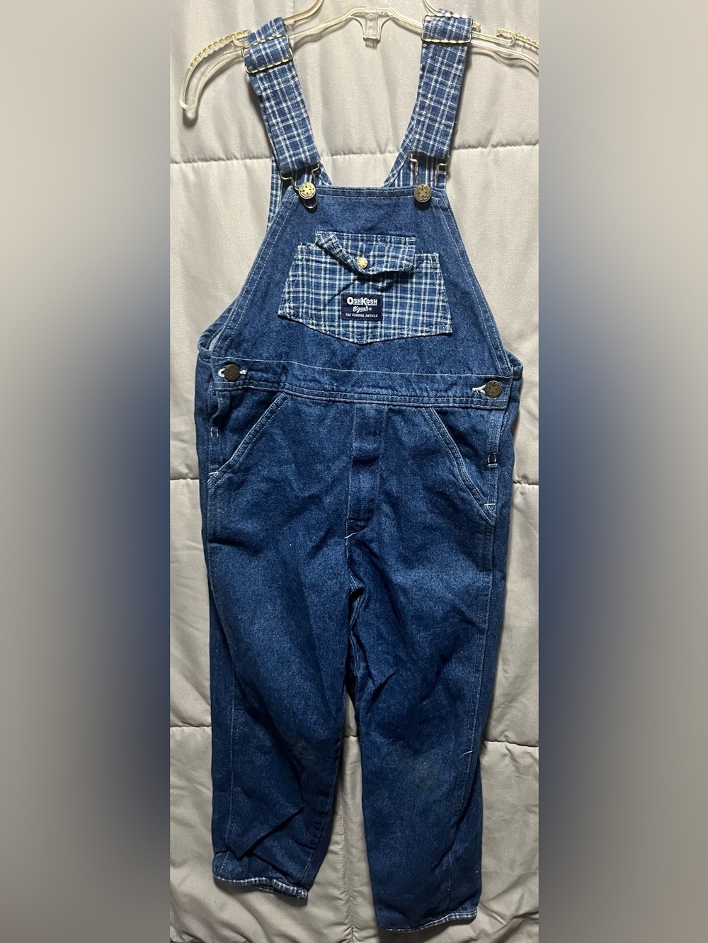 Vintage 90s OshKosh B’Gosh Denim Overalls Size 7 Plaid Accent Kids